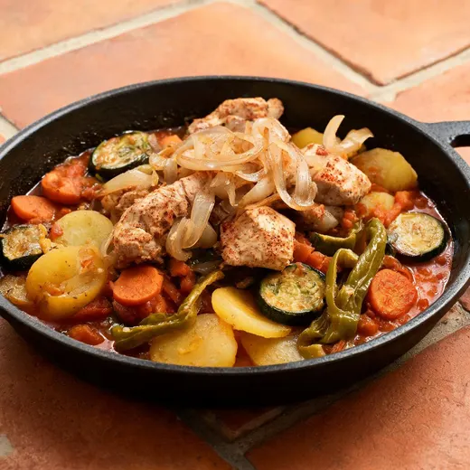 Layered Turkey and Vegetable Tagine: 388 kcal, 30 g protein, grade A