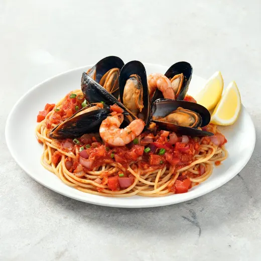Linguine With Mussels and Shrimp Marinara: 392 kcal, 41 g protein, grade A