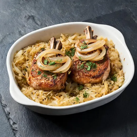 Pork Chops Baked With Sauerkraut and Applesauce: 389 kcal, 29 g protein, grade B