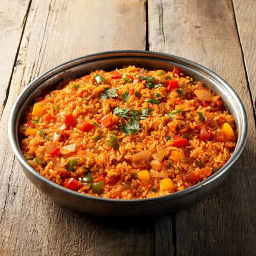Spicy Moroccan Rice With Tomatoes and Peppers: 463 kcal, 22 g protein, grade B