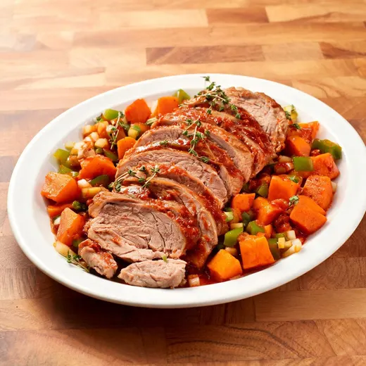 Slow-Cooker Pork Loin With Sweet Potatoes: 369 kcal, 28 g protein, grade B