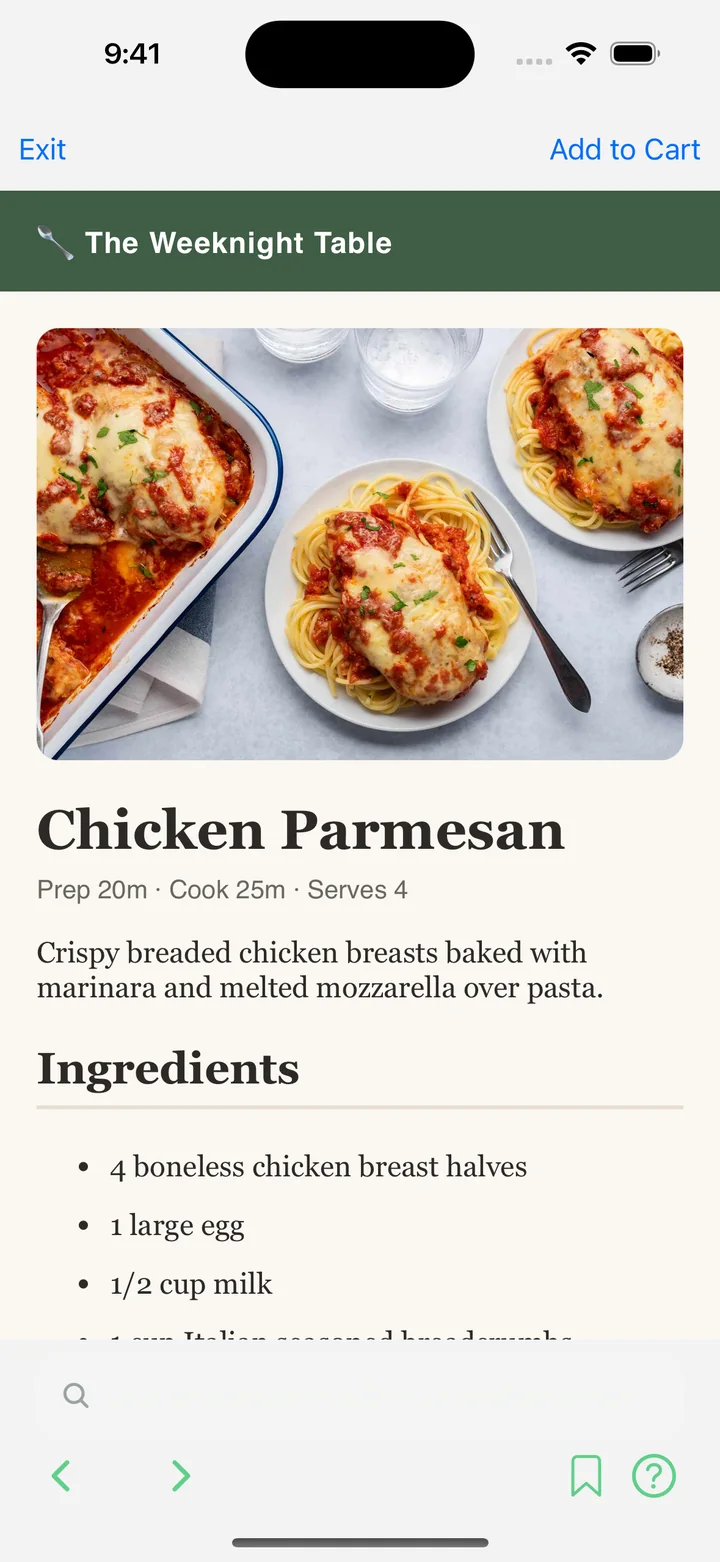 A recipe page on the web inside Avocart